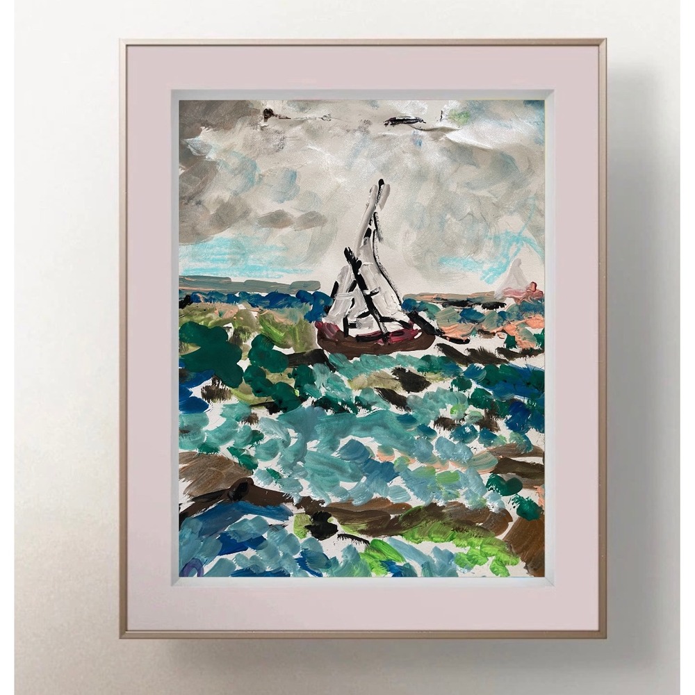Original Nautical Sailboat Impressionist Painting Blue Green 8.5x11 Seascape